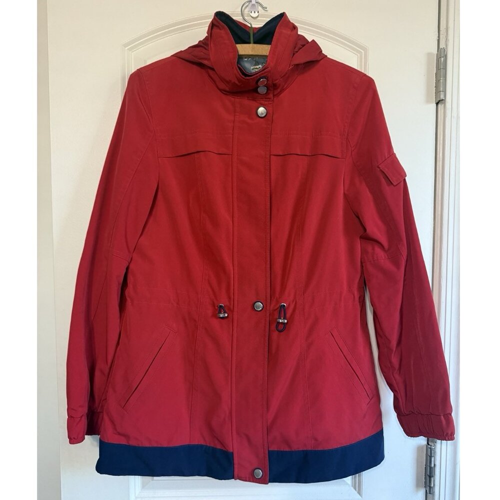 Nautica Red Hooded Anorak Rain Jacket with Blue Trim Drawstring Waist Women's S‎